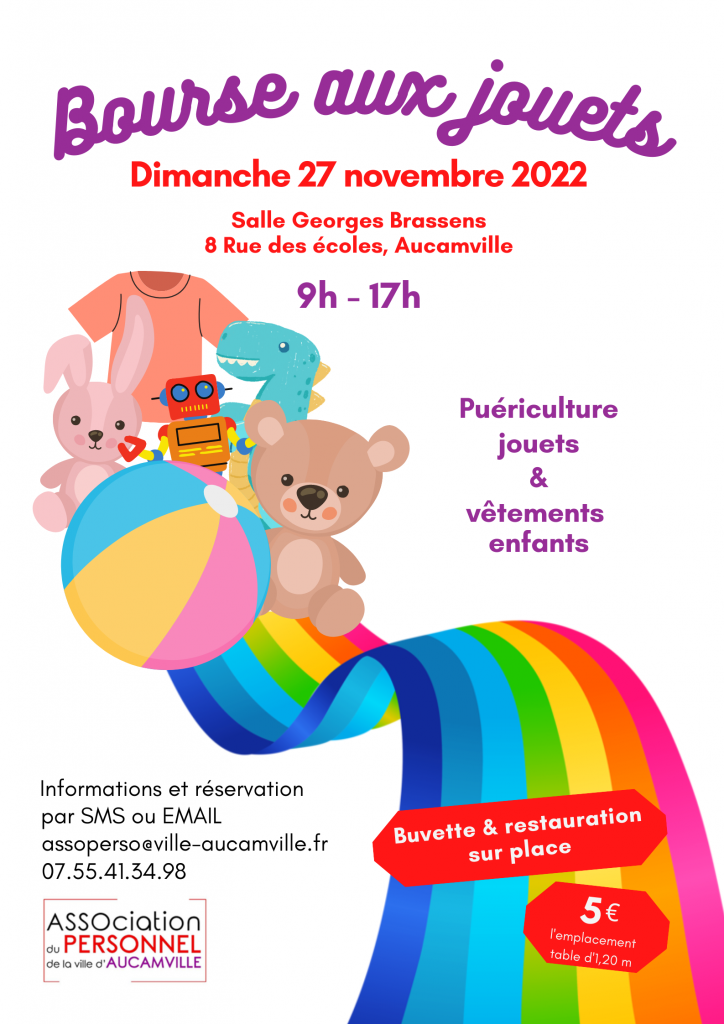 Bourse aux jouets le 27 novembre à Aucamville - Buvette Restauration sur place - 5 euros l'emplacement d'1m20